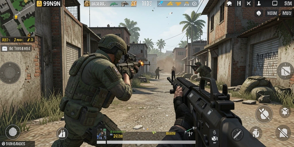 Screenshot gameplay 9N9N menunjukkan aksi pertempuran FPS yang intens.