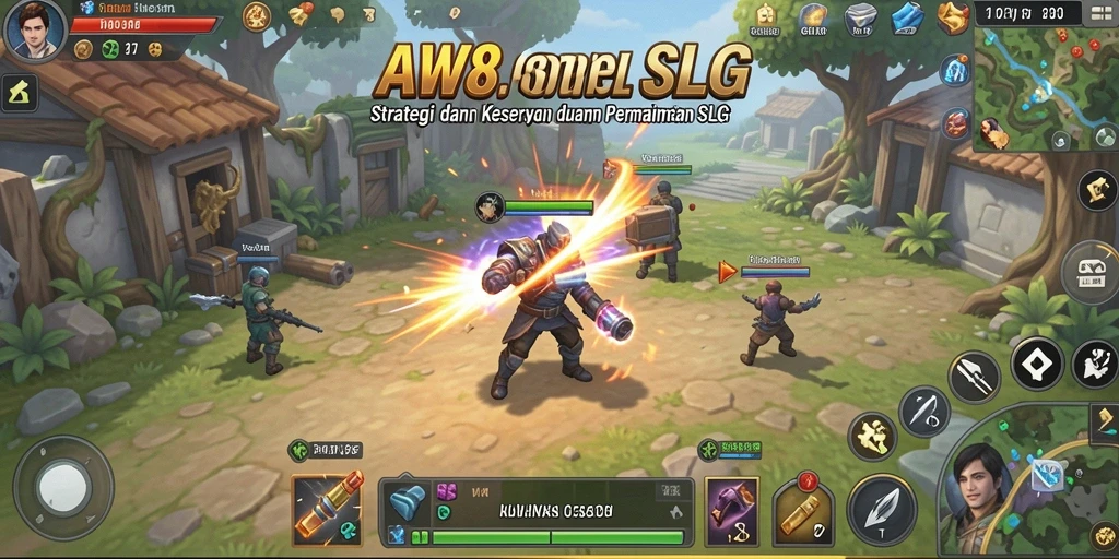 Screenshot utama AW8 menampilkan pertempuran seru dengan strategi SLG.