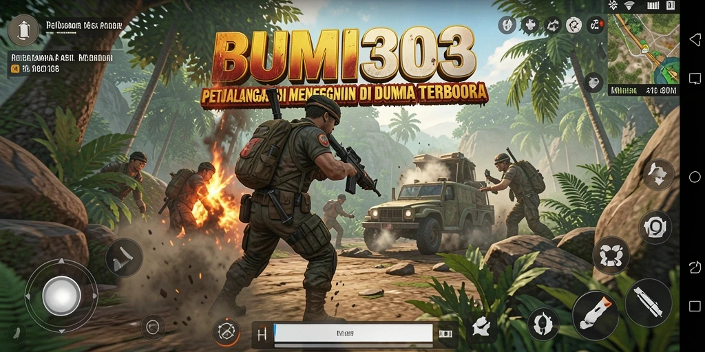 Tampilan menarik gameplay BUMI303 saat melawan musuh di arena terbuka.