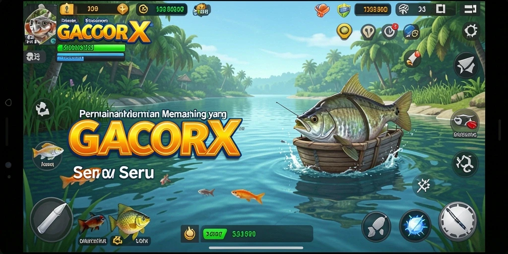Screenshot gameplay GACORX menunjukkan momen seru saat menangkap ikan.