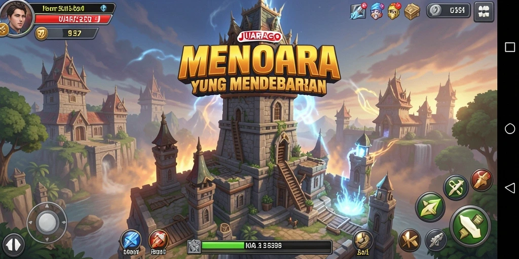 Screenshot gameplay JUARAGO menampilkan aksi menara pertahanan yang intens.