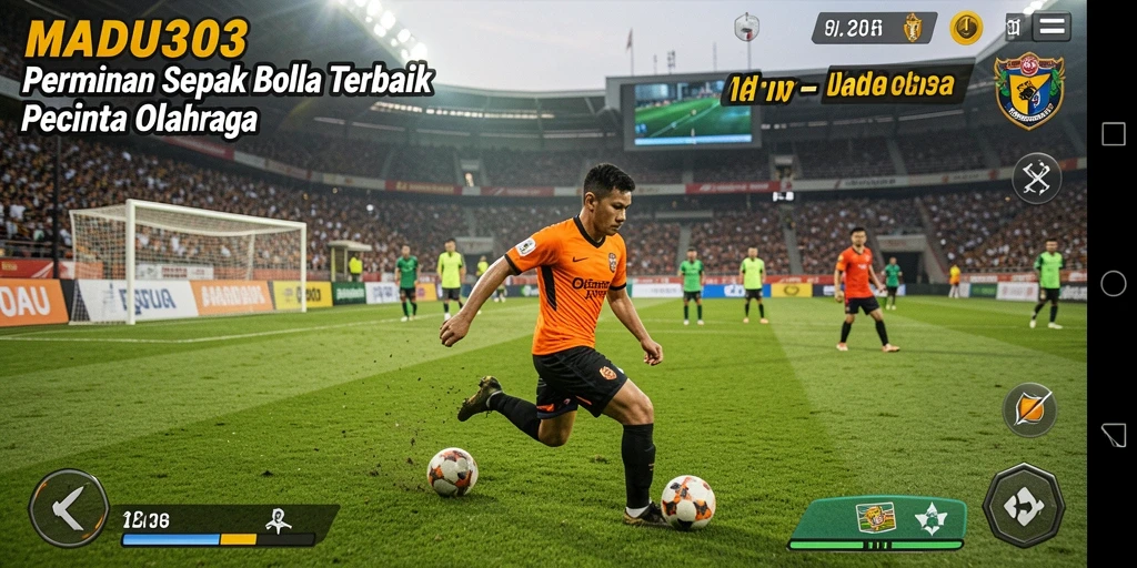 Tangkapan layar gameplay MADU303 yang menunjukkan aksi di lapangan sepak bola.