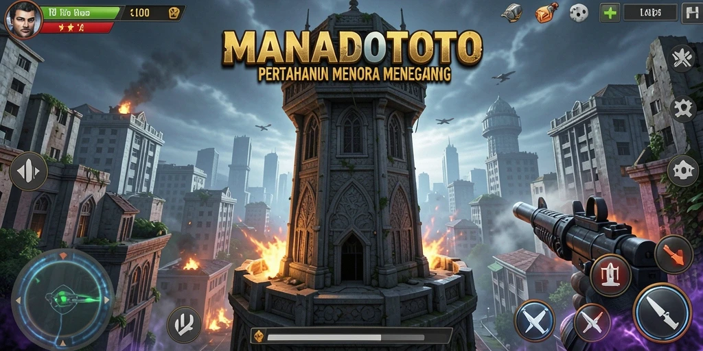 Screenshot MANADOTOTO menunjukkan aksi pertahanan menara yang mendebarkan.