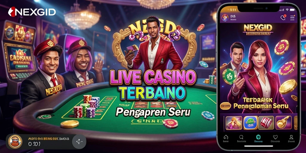 Screenshot gameplay NEXGID menunjukkan dealer profesional dan aksi permainan Live Casino yang menarik.