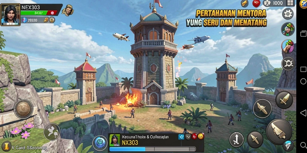 Screenshot gameplay NX303 menampilkan pertahanan menara yang dinamis dan strategi cerdas.