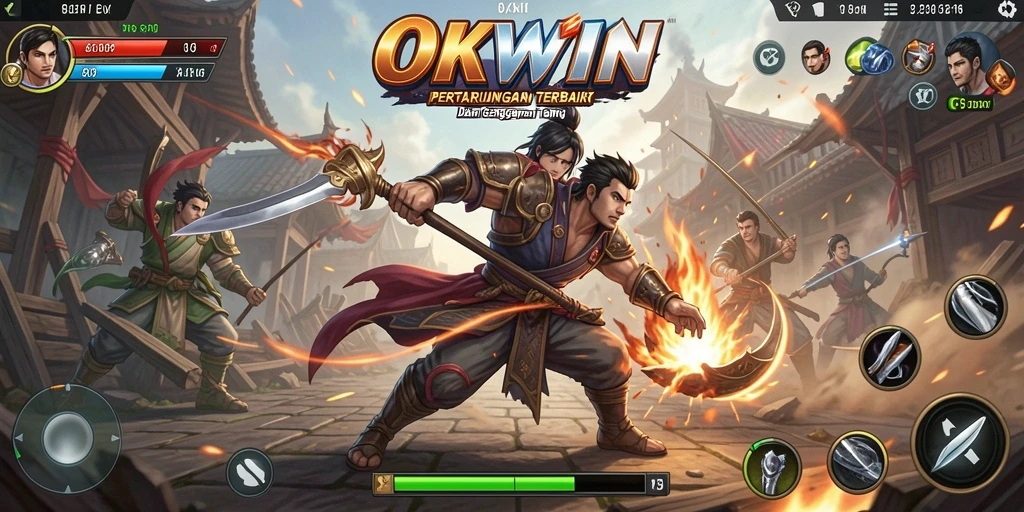 Tampilan gameplay pertarungan seru di OKWIN dengan berbagai karakter.
