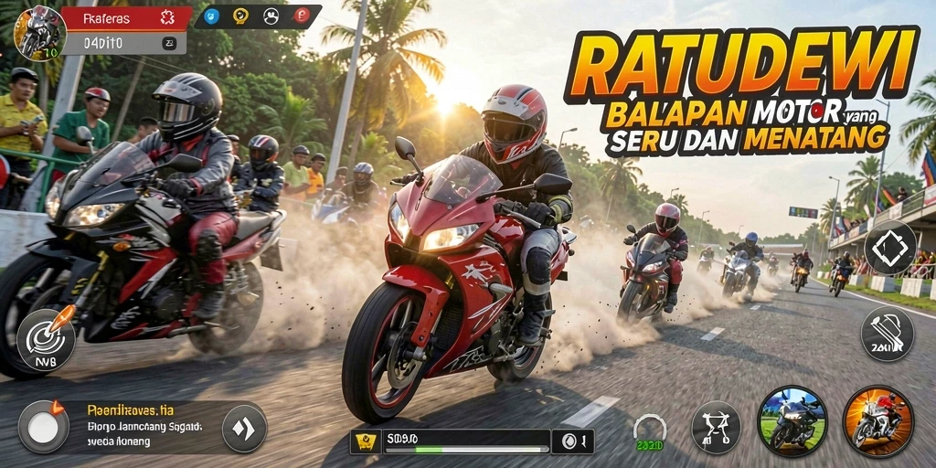 Screenshot utama RATUDEWI menampilkan aksi balap motor yang mendebarkan.
