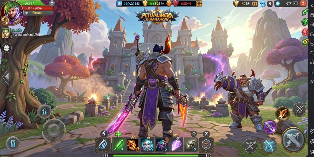 Screenshot dari gameplay SKY77 yang menunjukkan pertempuran epik antara karakter pemain.
