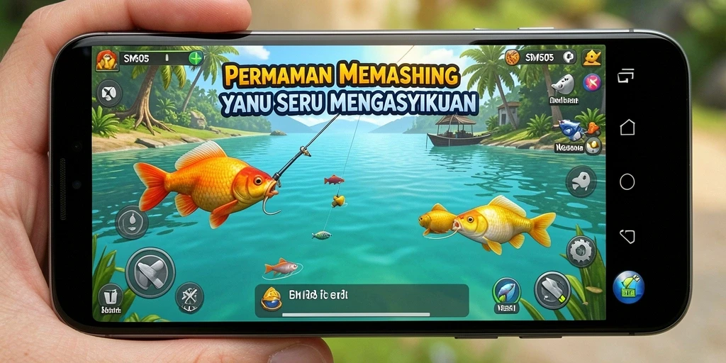 Screenshot gameplay SM605 menunjukkan aksi memancing yang seru.
