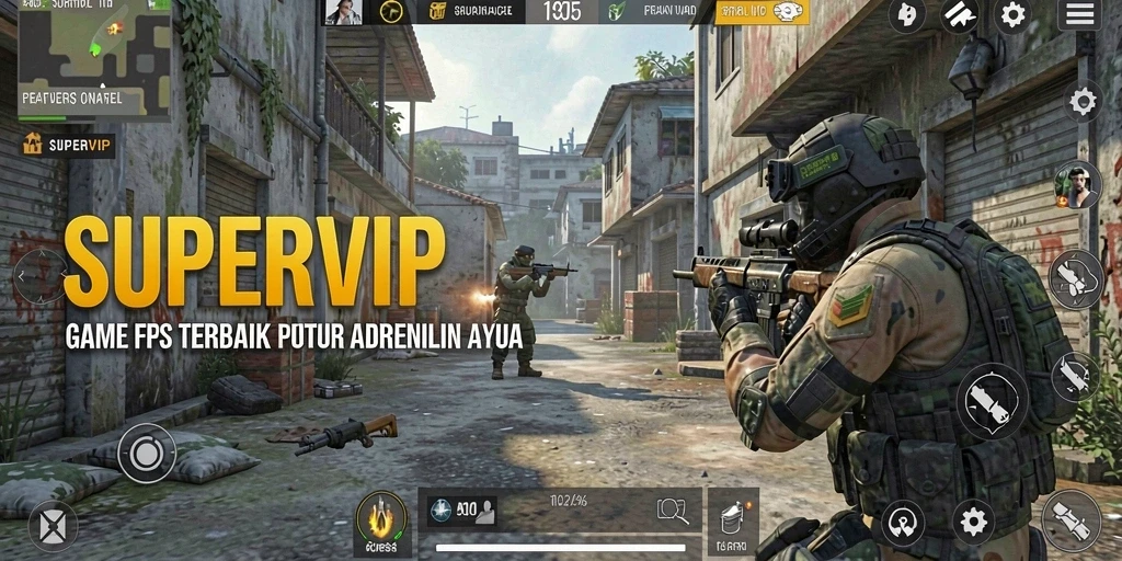 Tampilan aksi epik dalam permainan FPS SUPERVIP yang mendebarkan.