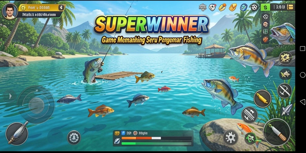 Tampilan gameplay SUPERWINNER yang seru dan menantang dalam memancing.