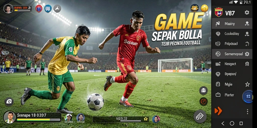Gambar gameplay V87 dengan aksi bermain sepak bola yang dinamis.